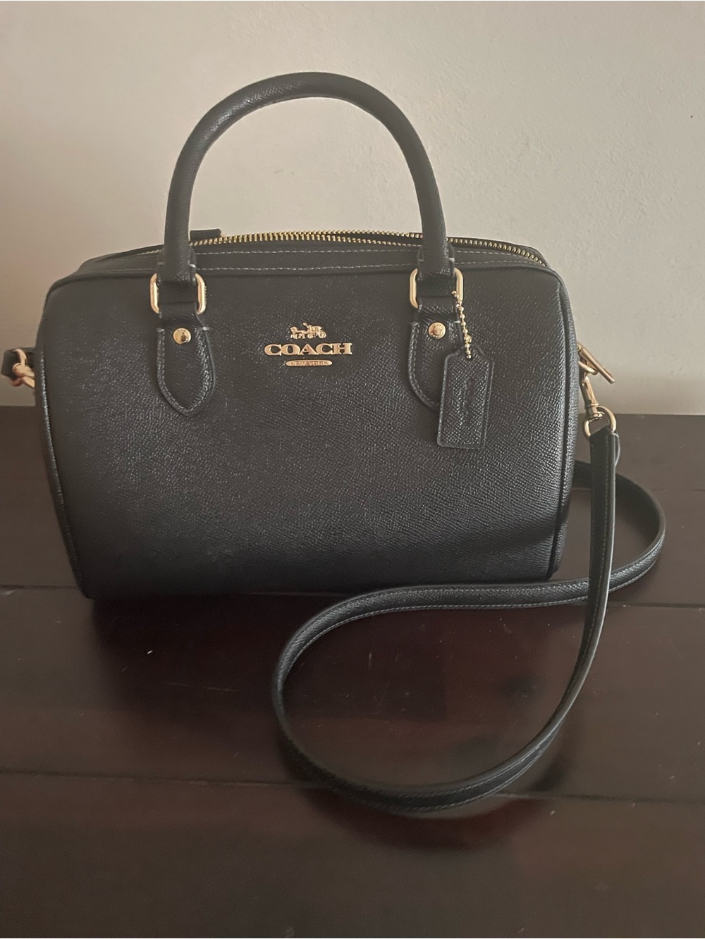 Coach Mini Rowan Black Leather Satchel Crossbody Gold Hardware